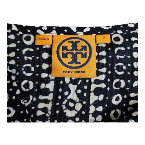 Tory Burch long sleeve navy and white button up patterned blouse silk size 2 - Picture 6 of 9